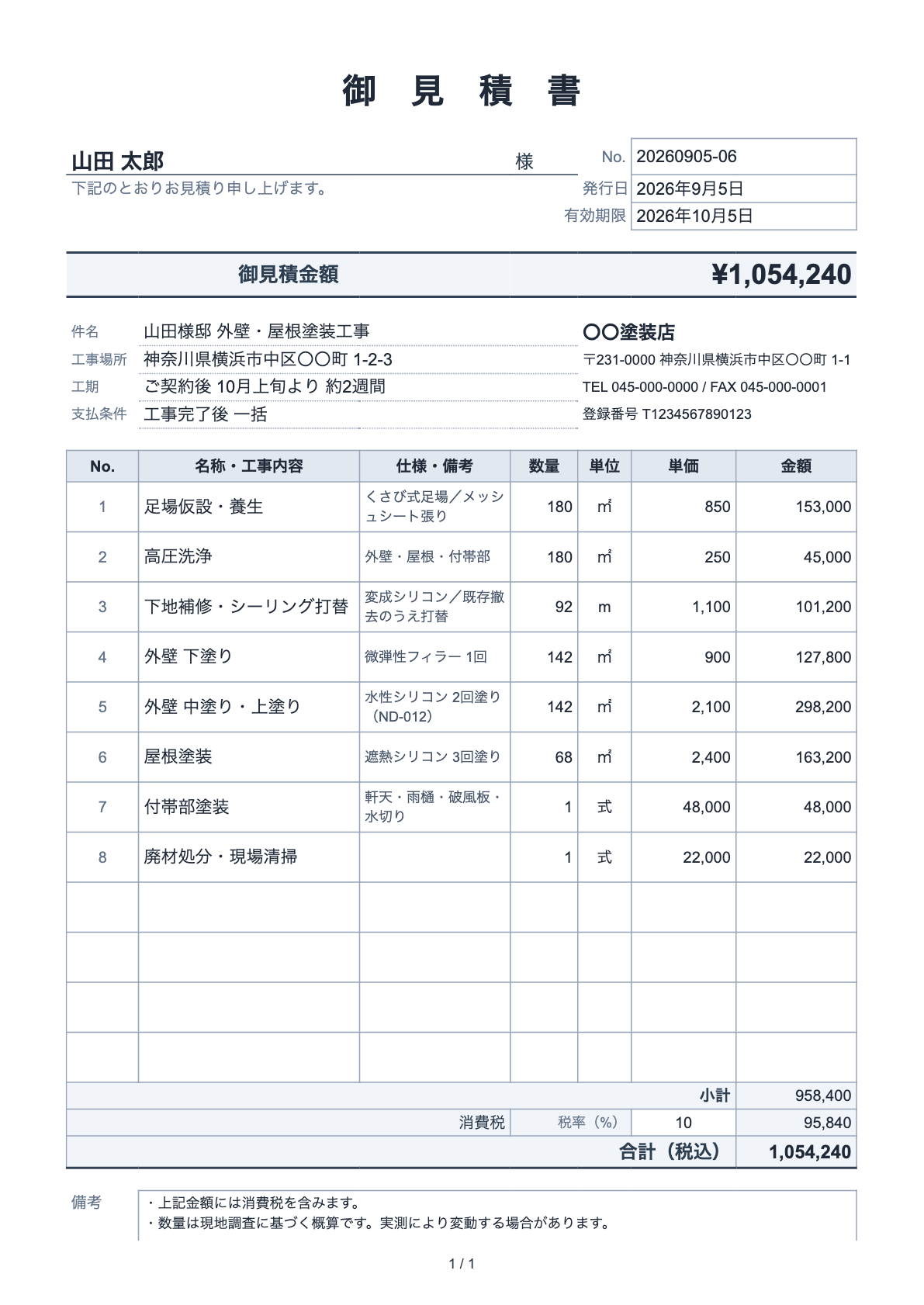 できあがった見積書の紙面。件名・工事場所・工期・明細・小計・消費税・合計と、発行元の屋号や登録番号が入っている。